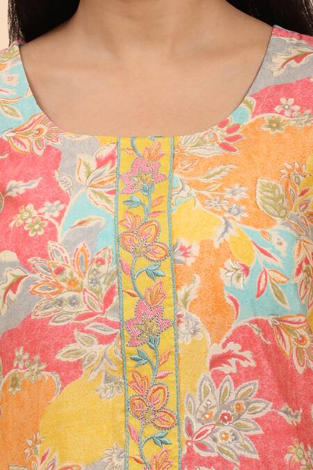 Buy_Mamicha_Multi Color Cotton Embroidery Round Neck Floral Bloom Print Kurta Palazzo Set
