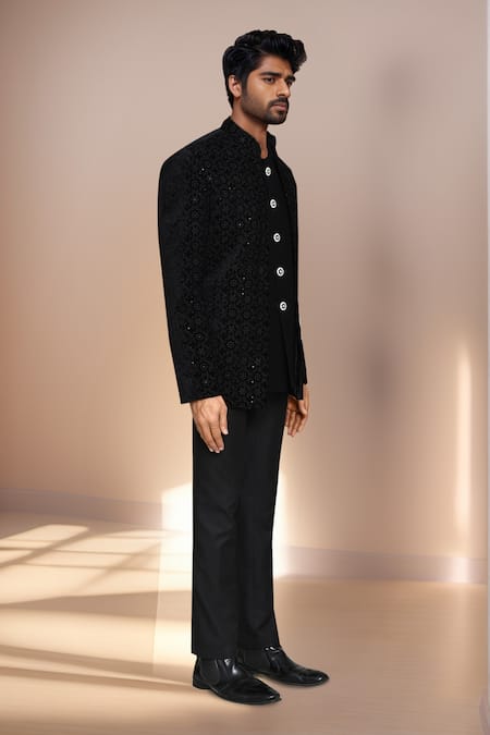 Arihant Rai Sinha_Black Velvet, Terrycloth Sequins, Embroidery Thread Prince Coat Set _Online_at_Aza_Fashions