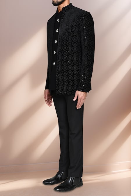 Buy_Arihant Rai Sinha_Black Velvet, Terrycloth Sequins, Embroidery Thread Prince Coat Set _Online_at_Aza_Fashions