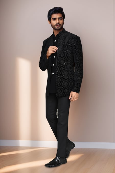 Shop_Arihant Rai Sinha_Black Velvet, Terrycloth Sequins, Embroidery Thread Prince Coat Set _Online_at_Aza_Fashions
