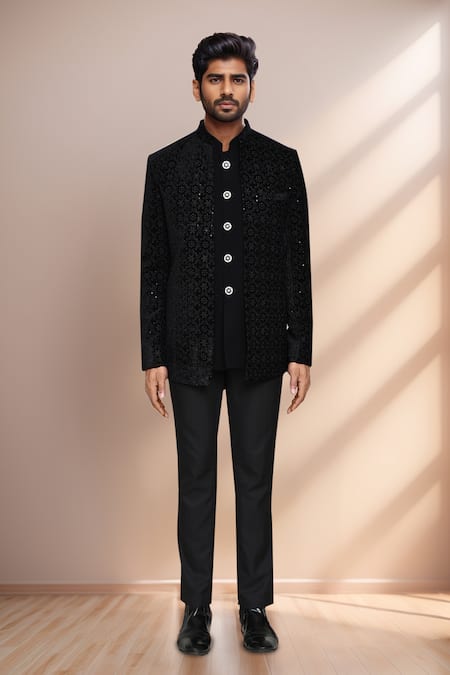 Arihant Rai Sinha_Black Velvet, Terrycloth Sequins, Embroidery Thread Prince Coat Set _at_Aza_Fashions