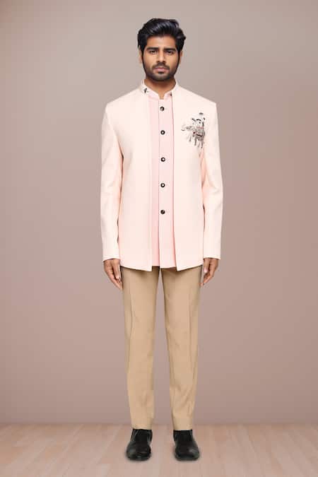 Arihant Rai Sinha_Peach Terrycloth Embroidery Elephant Motif Prince Coat Set _Online_at_Aza_Fashions