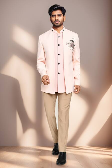 Shop_Arihant Rai Sinha_Peach Terrycloth Embroidery Elephant Motif Prince Coat Set _Online_at_Aza_Fashions
