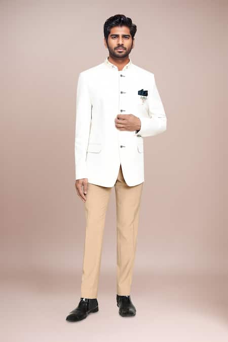 Arihant Rai Sinha Beige Terrycloth, Rayon Embroidered Neck Prince Coat And Pant Set Online at Aza Fashions Arihant Rai Sinha_Beige Terrycloth, Rayon Embroidered Neck Prince Coat And Pant Set _Online_at_Aza_Fashions