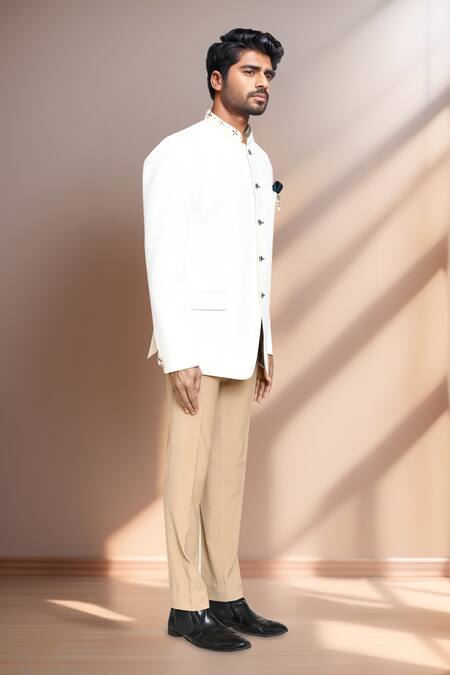 Shop Arihant Rai Sinha Beige Terrycloth, Rayon Embroidered Neck Prince Coat And Pant Set Online at Aza Fashions Shop_Arihant Rai Sinha_Beige Terrycloth, Rayon Embroidered Neck Prince Coat And Pant Set _Online_at_Aza_Fashions