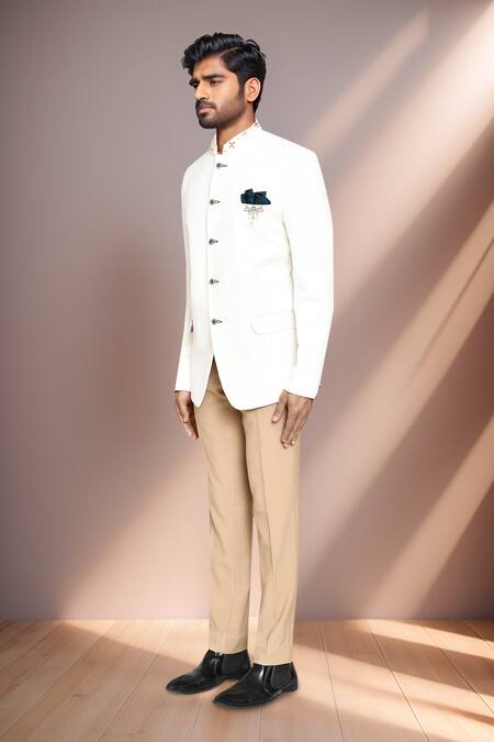 Arihant Rai Sinha Beige Terrycloth, Rayon Embroidered Neck Prince Coat And Pant Set at Aza Fashions Arihant Rai Sinha_Beige Terrycloth, Rayon Embroidered Neck Prince Coat And Pant Set _at_Aza_Fashions