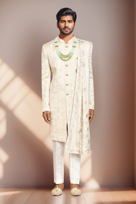 Buy_Arihant Rai Sinha_Cream Silk, Jacquard Embroidery Ethnic Motif Sherwani And Pant Set _Online_at_Aza_Fashions