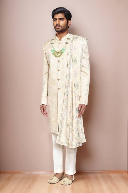 Shop_Arihant Rai Sinha_Cream Silk, Jacquard Embroidery Ethnic Motif Sherwani And Pant Set _Online_at_Aza_Fashions
