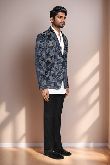 Arihant Rai Sinha_Blue Velvet Geometric Print Blazer _Online_at_Aza_Fashions
