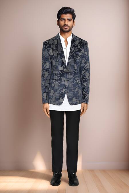 Buy_Arihant Rai Sinha_Blue Velvet Geometric Print Blazer _Online_at_Aza_Fashions