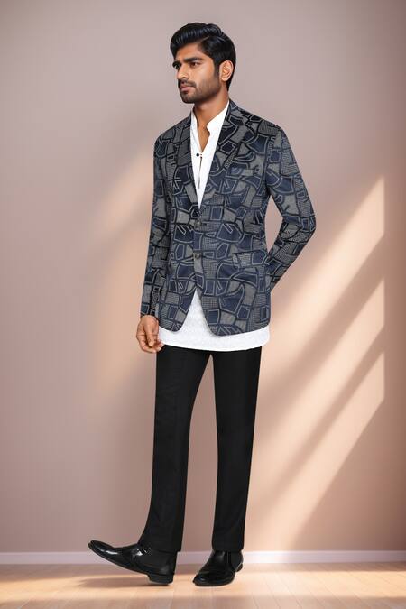 Shop_Arihant Rai Sinha_Blue Velvet Geometric Print Blazer _Online_at_Aza_Fashions