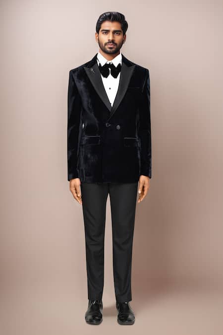 Arihant Rai Sinha_Navy Velvet, Silk, Terrycloth Blazer Pant Set _Online_at_Aza_Fashions