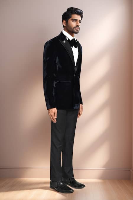 Buy_Arihant Rai Sinha_Navy Velvet, Silk, Terrycloth Blazer Pant Set _Online_at_Aza_Fashions