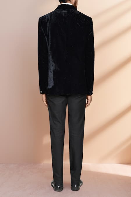 Shop_Arihant Rai Sinha_Navy Velvet, Silk, Terrycloth Blazer Pant Set _at_Aza_Fashions