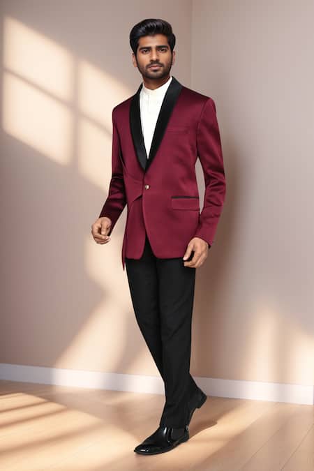Buy_Arihant Rai Sinha_Maroon Cotton Satin, Polyester, Terrycloth Blazer And Pant Set _Online_at_Aza_Fashions