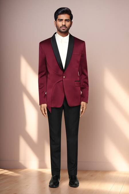 Shop_Arihant Rai Sinha_Maroon Cotton Satin, Polyester, Terrycloth Blazer And Pant Set _Online_at_Aza_Fashions