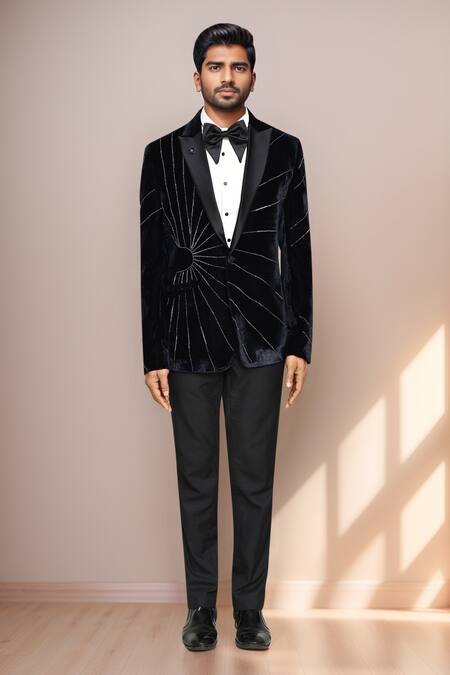 Arihant Rai Sinha Blue Velvet, Cotton Satin Embroidery Sun Motif Blazer Set Online at Aza Fashions Arihant Rai Sinha_Blue Velvet, Cotton Satin Embroidery Sun Motif Blazer Set _Online_at_Aza_Fashions