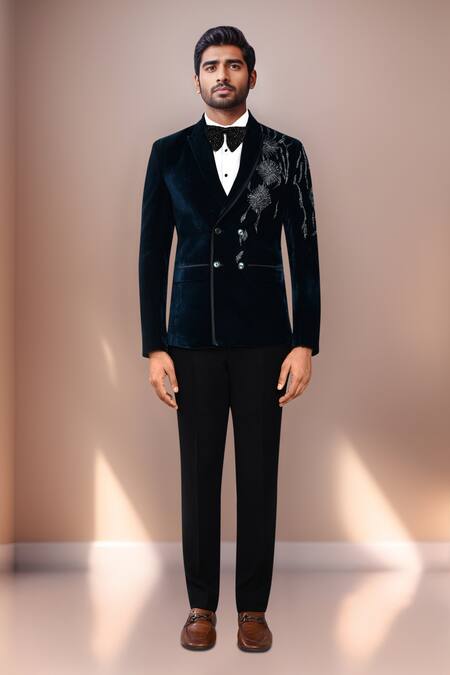 Arihant Rai Sinha_Green Velvet, Cotton Satin Embroidery Geometric Blazer Pant Set _Online_at_Aza_Fashions