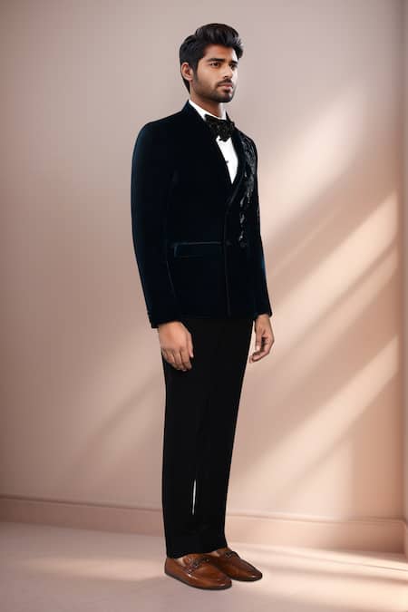 Buy_Arihant Rai Sinha_Green Velvet, Cotton Satin Embroidery Geometric Blazer Pant Set _Online_at_Aza_Fashions