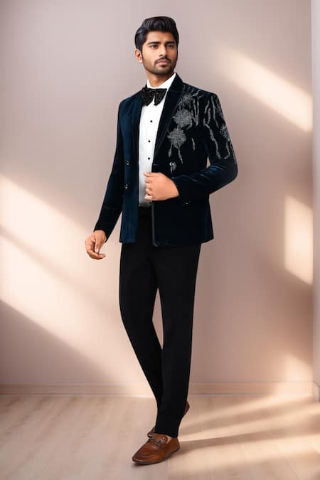 Shop_Arihant Rai Sinha_Green Velvet, Cotton Satin Embroidery Geometric Blazer Pant Set _Online_at_Aza_Fashions