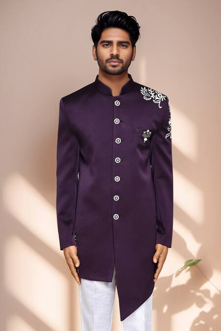 Buy_Arihant Rai Sinha_White Cotton, Polyester, Silk Embroidery Asymmetric Bloom Vine Sherwani _Online_at_Aza_Fashions