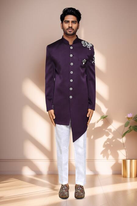 Shop_Arihant Rai Sinha_White Cotton, Polyester, Silk Embroidery Asymmetric Bloom Vine Sherwani _Online_at_Aza_Fashions