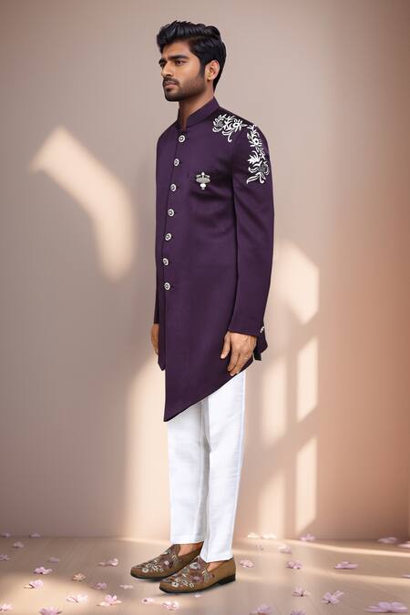 Arihant Rai Sinha_White Cotton, Polyester, Silk Embroidery Asymmetric Bloom Vine Sherwani _at_Aza_Fashions