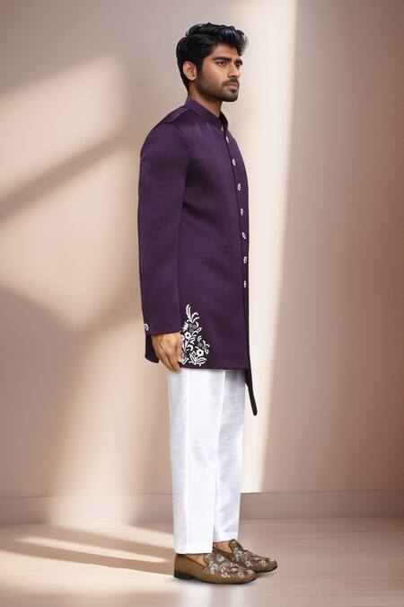 Buy_Arihant Rai Sinha_White Cotton, Polyester, Silk Embroidery Asymmetric Bloom Vine Sherwani 