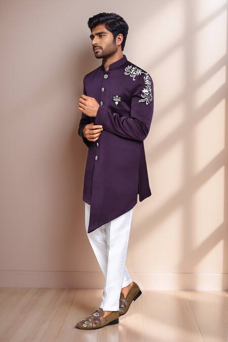 Shop_Arihant Rai Sinha_White Cotton, Polyester, Silk Embroidery Asymmetric Bloom Vine Sherwani 