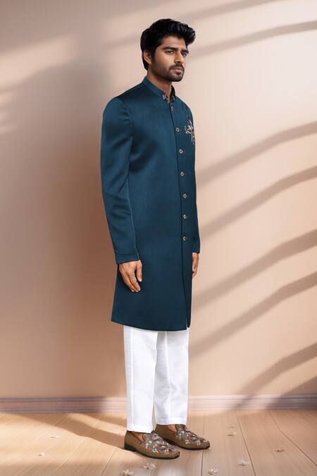 Buy_Arihant Rai Sinha_White Cotton, Silk, Velvet Teal Green Elephant Chariot Sherwani And Pant _Online_at_Aza_Fashions