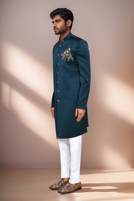 Shop_Arihant Rai Sinha_White Cotton, Silk, Velvet Teal Green Elephant Chariot Sherwani And Pant _Online_at_Aza_Fashions