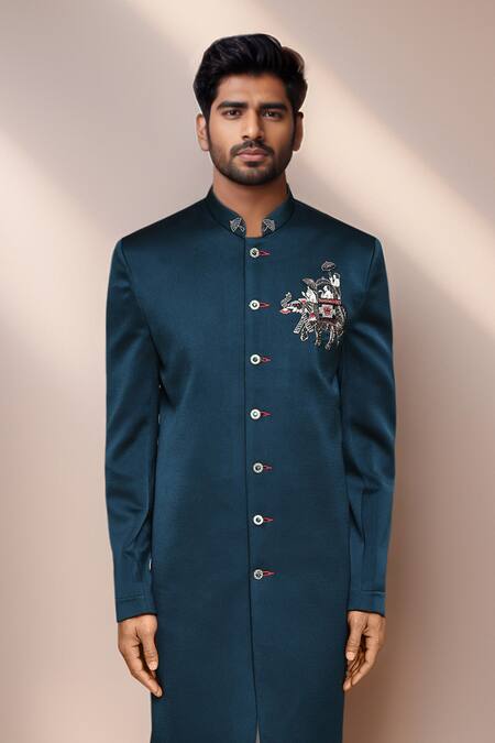 Arihant Rai Sinha_White Cotton, Silk, Velvet Teal Green Elephant Chariot Sherwani And Pant _at_Aza_Fashions