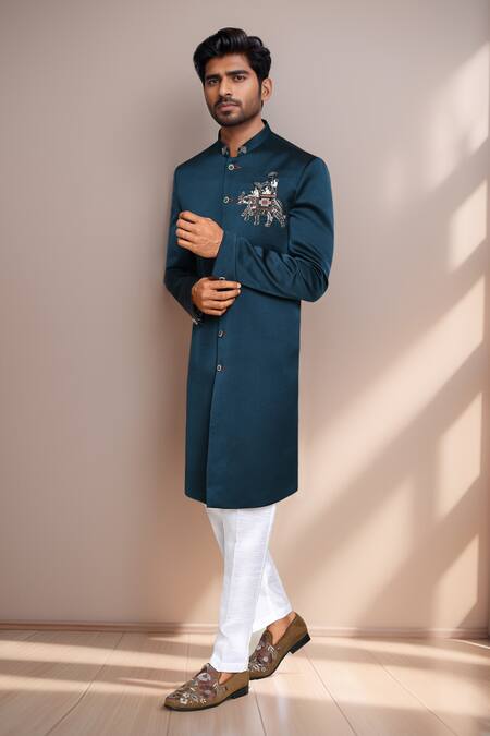 Shop_Arihant Rai Sinha_White Cotton, Silk, Velvet Teal Green Elephant Chariot Sherwani And Pant 