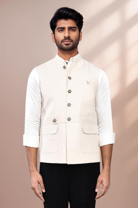 Arihant Rai Sinha_Cream Cotton Satin Sleeveless Bundi With Pocket Detail _Online_at_Aza_Fashions