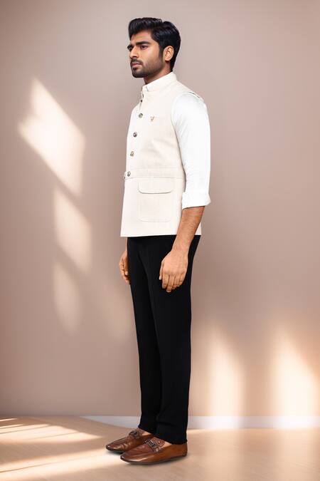 Buy_Arihant Rai Sinha_Cream Cotton Satin Sleeveless Bundi With Pocket Detail _Online_at_Aza_Fashions