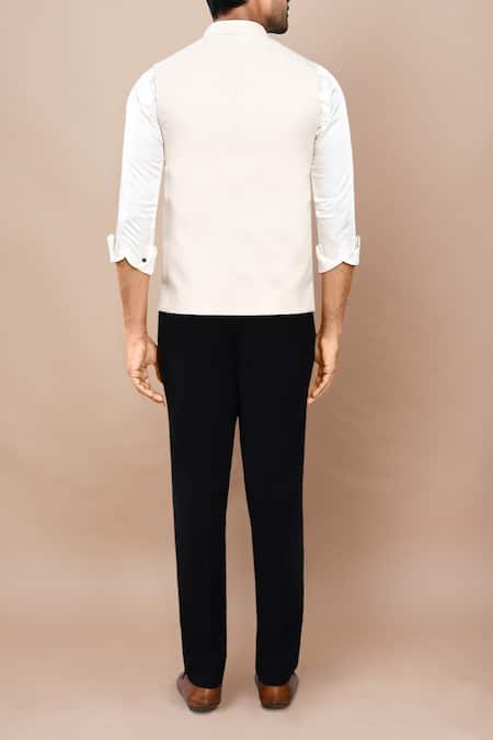 Shop_Arihant Rai Sinha_Cream Cotton Satin Sleeveless Bundi With Pocket Detail _at_Aza_Fashions