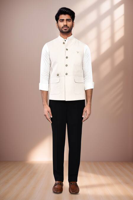 Shop_Arihant Rai Sinha_Cream Cotton Satin Sleeveless Bundi With Pocket Detail _Online_at_Aza_Fashions