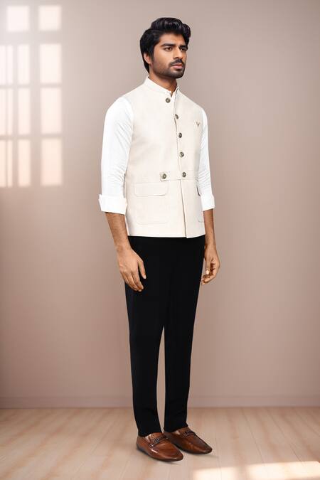 Arihant Rai Sinha_Cream Cotton Satin Sleeveless Bundi With Pocket Detail _at_Aza_Fashions