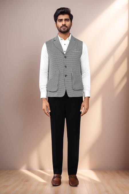 Arihant Rai Sinha_Black Cotton Satin Herringbone Pattern Sleeveless Jacket _Online_at_Aza_Fashions
