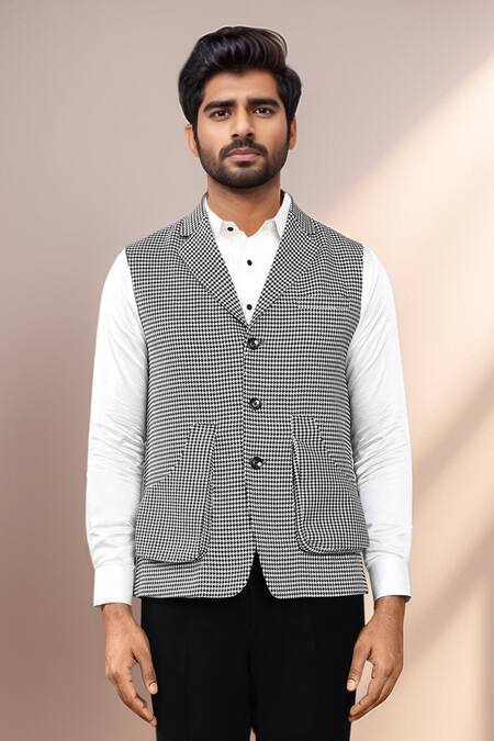Buy_Arihant Rai Sinha_Black Cotton Satin Herringbone Pattern Sleeveless Jacket _Online_at_Aza_Fashions