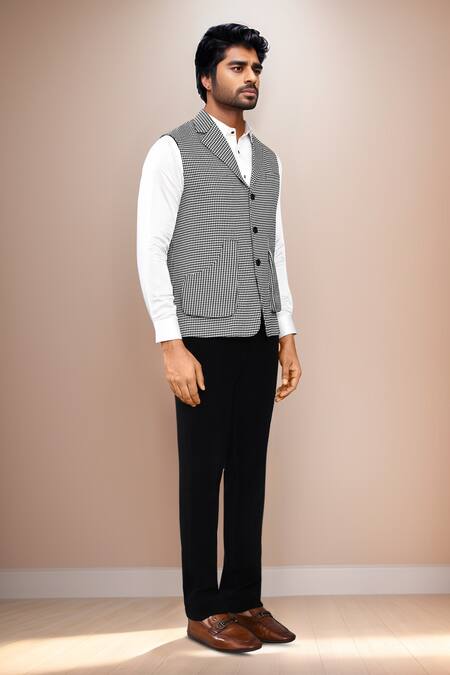 Shop_Arihant Rai Sinha_Black Cotton Satin Herringbone Pattern Sleeveless Jacket _Online_at_Aza_Fashions