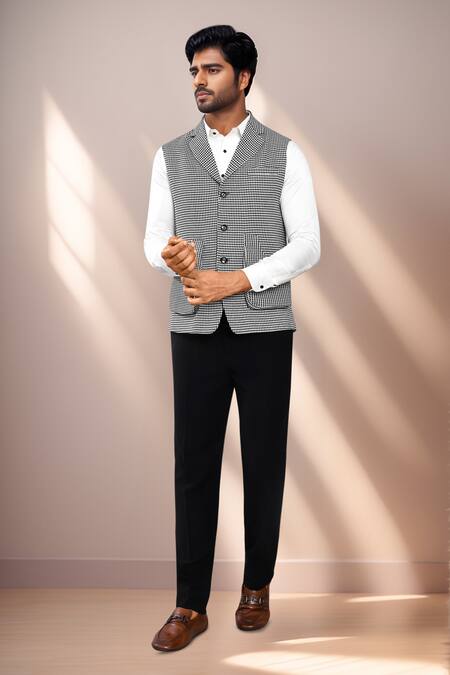 Arihant Rai Sinha_Black Cotton Satin Herringbone Pattern Sleeveless Jacket _at_Aza_Fashions