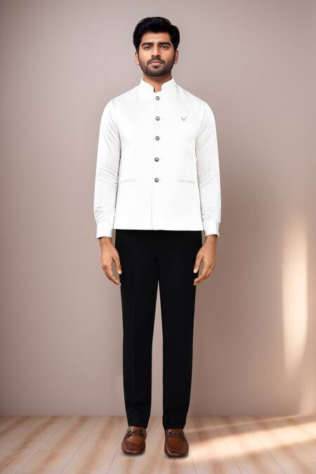 Arihant Rai Sinha White Cotton Satin Embroidery Sleeveless Bundi With Collar Online at Aza Fashions Arihant Rai Sinha_White Cotton Satin Embroidery Sleeveless Bundi With Collar _Online_at_Aza_Fashions