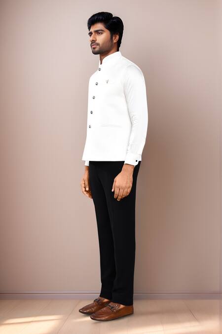 Arihant Rai Sinha White Cotton Satin Embroidery Sleeveless Bundi With Collar at Aza Fashions Arihant Rai Sinha_White Cotton Satin Embroidery Sleeveless Bundi With Collar _at_Aza_Fashions