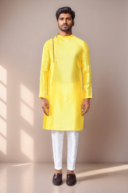 Arihant Rai Sinha_Yellow Jacquard, Silk Motif Jaal Woven Kurta Set _Online_at_Aza_Fashions