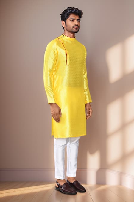 Shop_Arihant Rai Sinha_Yellow Jacquard, Silk Motif Jaal Woven Kurta Set _Online_at_Aza_Fashions
