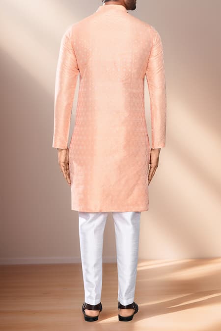Shop Arihant Rai Sinha Peach Jacquard, Silk Geometric Woven Kurta Set at Aza Fashions Shop_Arihant Rai Sinha_Peach Jacquard, Silk Geometric Woven Kurta Set _at_Aza_Fashions