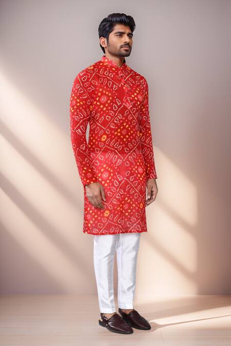 Shop Arihant Rai Sinha Red Georgette, Silk Bandhani Print Kurta Set Online at Aza Fashions Shop_Arihant Rai Sinha_Red Georgette, Silk Bandhani Print Kurta Set_Online_at_Aza_Fashions