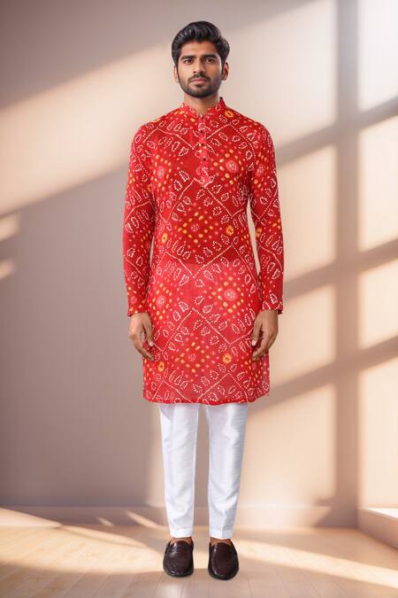 Arihant Rai Sinha Red Georgette, Silk Bandhani Print Kurta Set at Aza Fashions Arihant Rai Sinha_Red Georgette, Silk Bandhani Print Kurta Set_at_Aza_Fashions