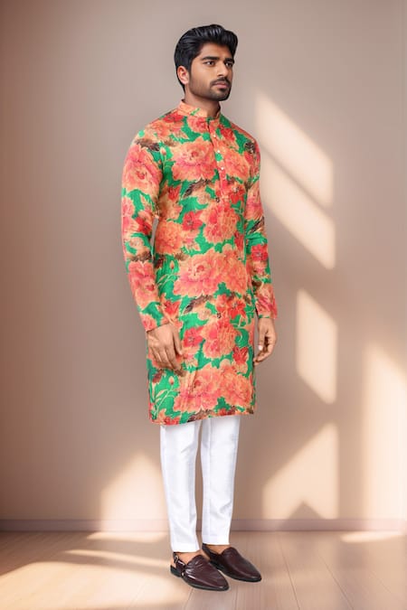 Shop Arihant Rai Sinha Green Modal, Silk Floral Printed Kurta Set Online at Aza Fashions Shop_Arihant Rai Sinha_Green Modal, Silk Floral Printed Kurta Set _Online_at_Aza_Fashions